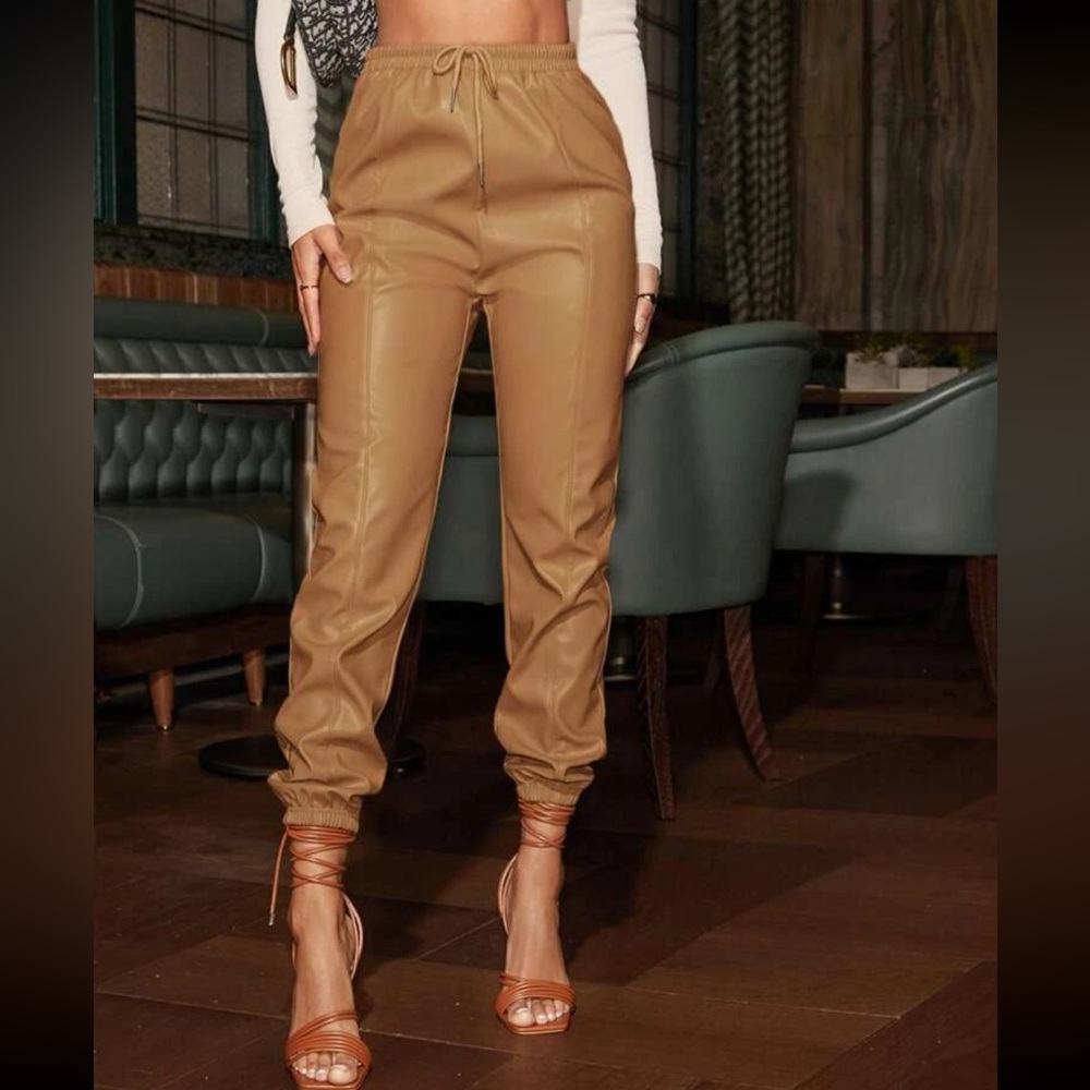 Tan / brown faux leather pants elastic ankle joggers - with elastic waistband - Picture 1 of 9